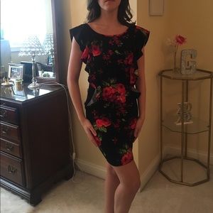 Black floral bodycon with ruffles size small